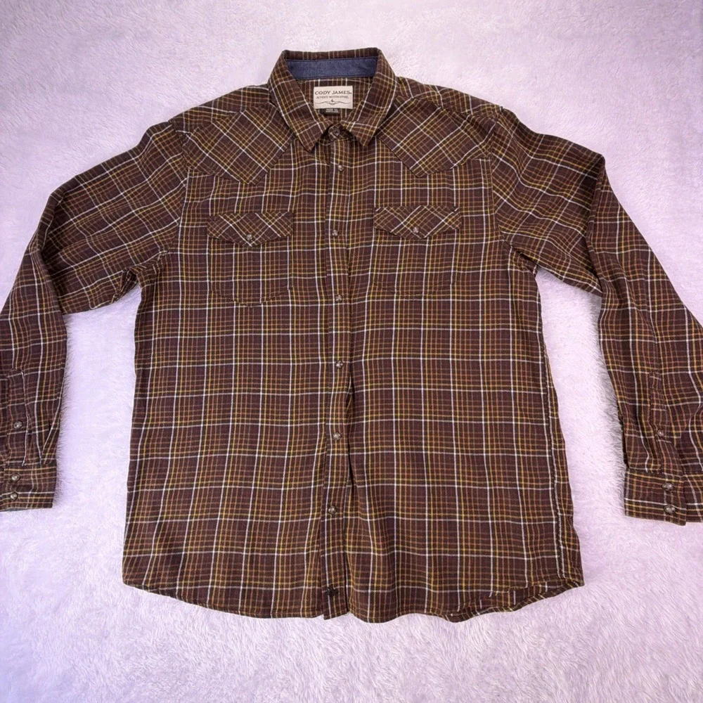 Cody James Mens XL Brown Plaid Flannel Long Sleeve Shirt Pearl Snap‎ Button-Up